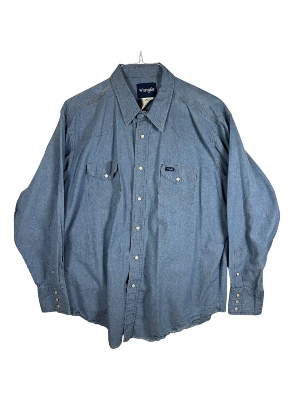 Vintage Wrangler Men Blue Denim Long Sleeve Western Shirt Size 18x35 Pearl Snap